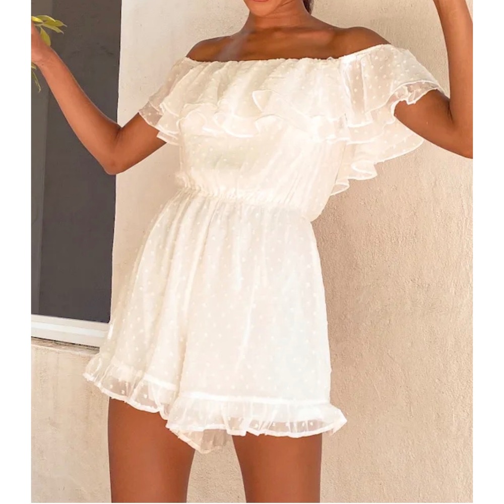 Lulus Frilled to Bits White Swiss Dot Off-the-Shoulder Romper Medium NWT - Picture 2 of 11